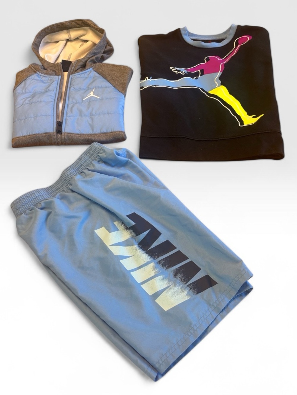 Jordan Kids medium Light Blue jacket, Light Blue Shorts large & sweatshirt